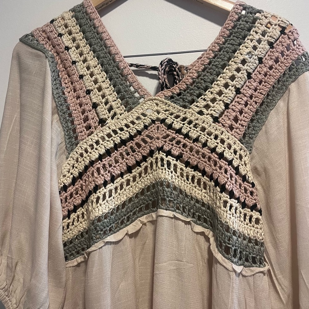 Easel Los Angeles Boho Crochet Babydoll Top Cottagecore Neutral Blouse - Picture 8 of 10